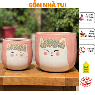 Bộ chậu mặt mèo gốm sứ - chậu trồng cây
