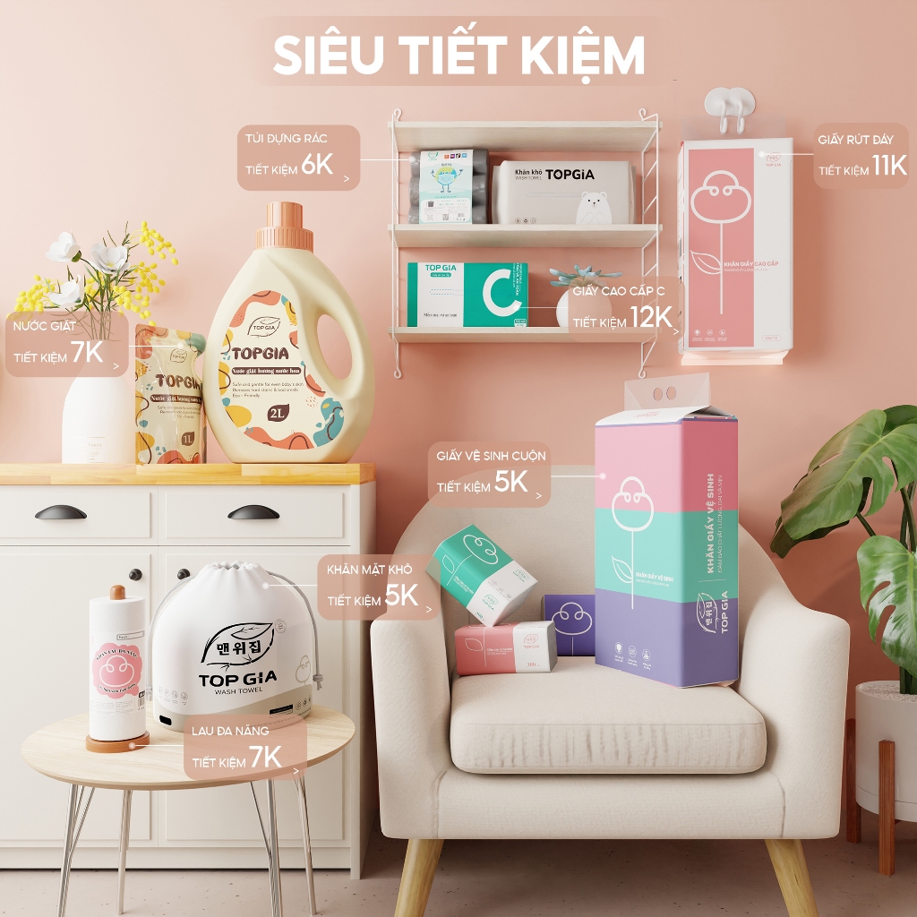 Thùng 46 gói khăn giấy Top Gia 3 màu siêu tiết kiệm, làm từ bột gỗ nguyên chất, 4 lớp dày dặn