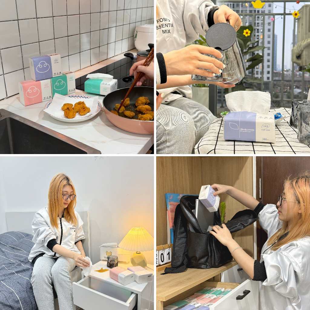 Thùng 46 gói khăn giấy Top Gia 3 màu siêu tiết kiệm, làm từ bột gỗ nguyên chất, 4 lớp dày dặn