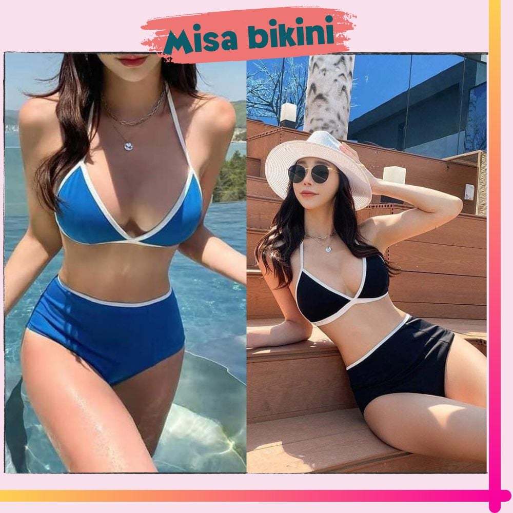 Set bikini đi biển nữ đồ bơi bikini 2 mãnh mút mềm quần lưng cao viền trắng Ms 14