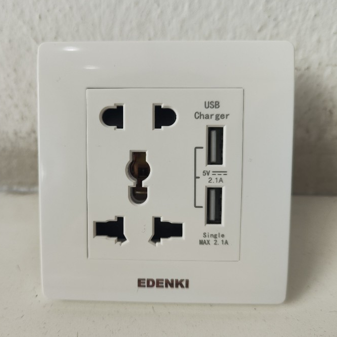 Bộ ổ cắm đôi 3 chấu với 2 đầu USB Edenki Elegant White EE-005U02