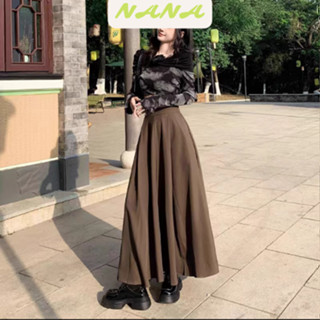 Chân váy midi basic trơn, cv dáng dài xoè rộng màu đen, nâu điệu đà style vintage Hàn Quốc Nana