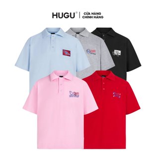 Áo polo vải cá sấu bốn chiều màu đen, xám, hồng,... phong cách hàn quốc, form rộng, unisex local brand HUGU - STAMP POLO