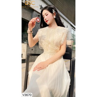 Váy đầm thiết kế ren be xếp ly dáng dài V3670 - DVC