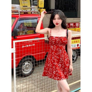 (HÀNG SẴN) Váy hai dây hoa nhí màu đỏ thon eo xòe ngắn kiểu Pháp sexy gợi cảm quyến rũ mùa hè Hàn Quốc VD001