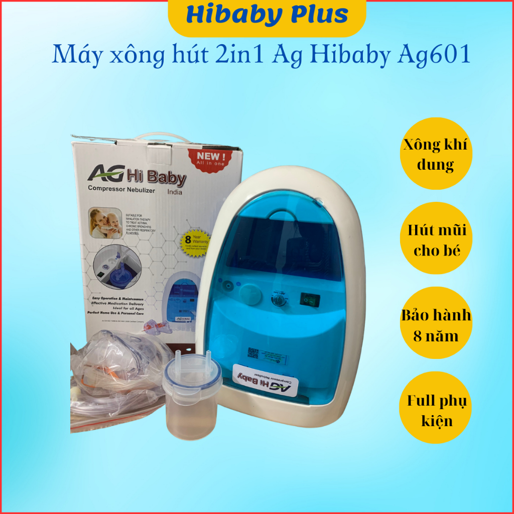 Máy xông khí dung, hút mũi cho bé AG Hibaby AG601 Bảo hành 8 năm. Xông hút 2in1, làm sạch dịch mũi, bảo vệ hô hấp cho bé