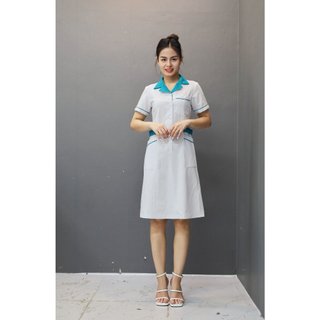 Váy điều dưỡng (cổ hai ve) có đai xanh chất liệu cotton lụa co dãn