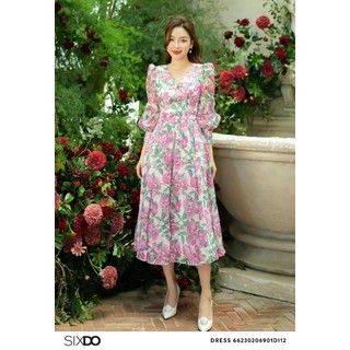Đầm tơ midi dài tay cổ v sixdo