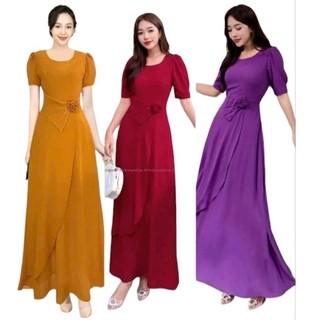 Đầm dạ hội trung niên voan xòe cổ xếp tay phồng nhấn ly eo kết cườm, Đầm trung niên dạ hội voan màu trơn cổ xếp nhấn eo