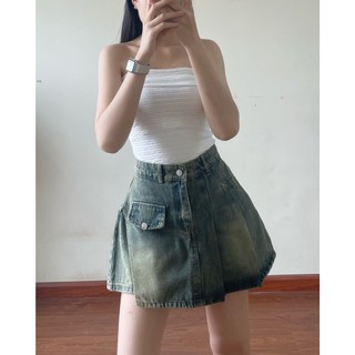 Chân váy jean xoè dáng ngắn cạp cao , vạt lệch EMIX Jean0603/P0K15