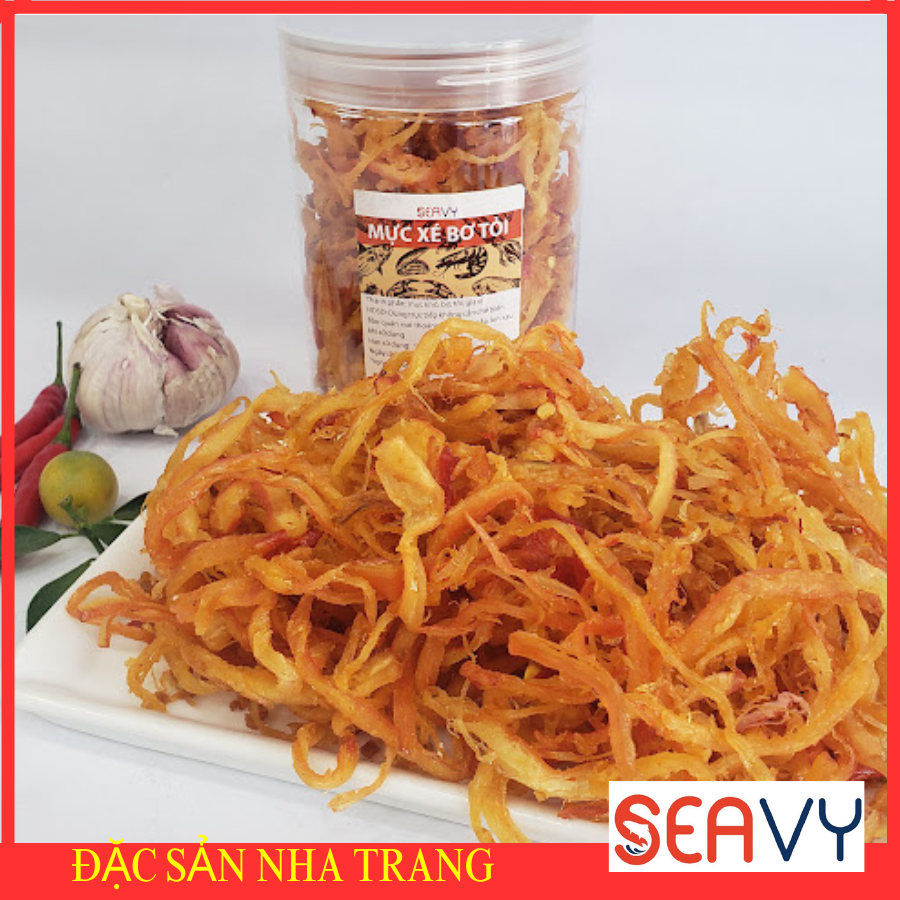 Mực xé sợi bơ tỏi Đặc sản Nha Trang, hộp 500 gram, vị cay cay, thơm thơm hương bơ tỏi