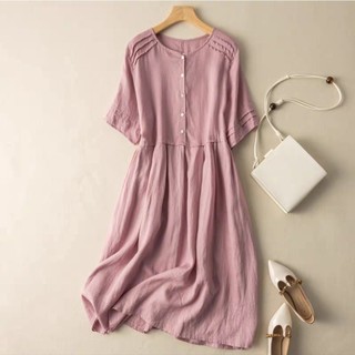 Đầm linen dáng suông cổ tròn tay ngắn, chất Linen mềm phong cách nữ retro mẫu mới nhiều màu lựa chọn Da197