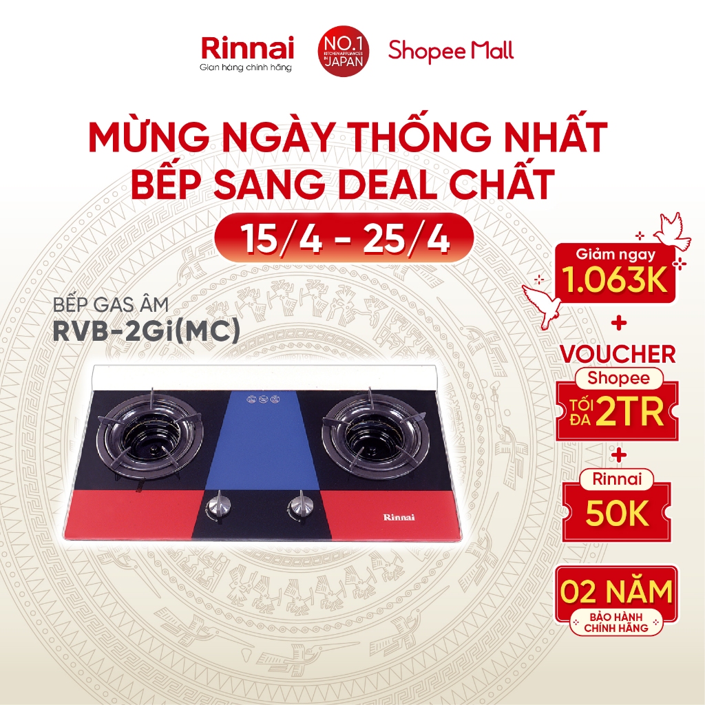 Bếp gas âm đầu đốt trong Rinnai RVB-2Gi(MC) mặt bếp kính và kiềng bếp men - Hàng chính hãng