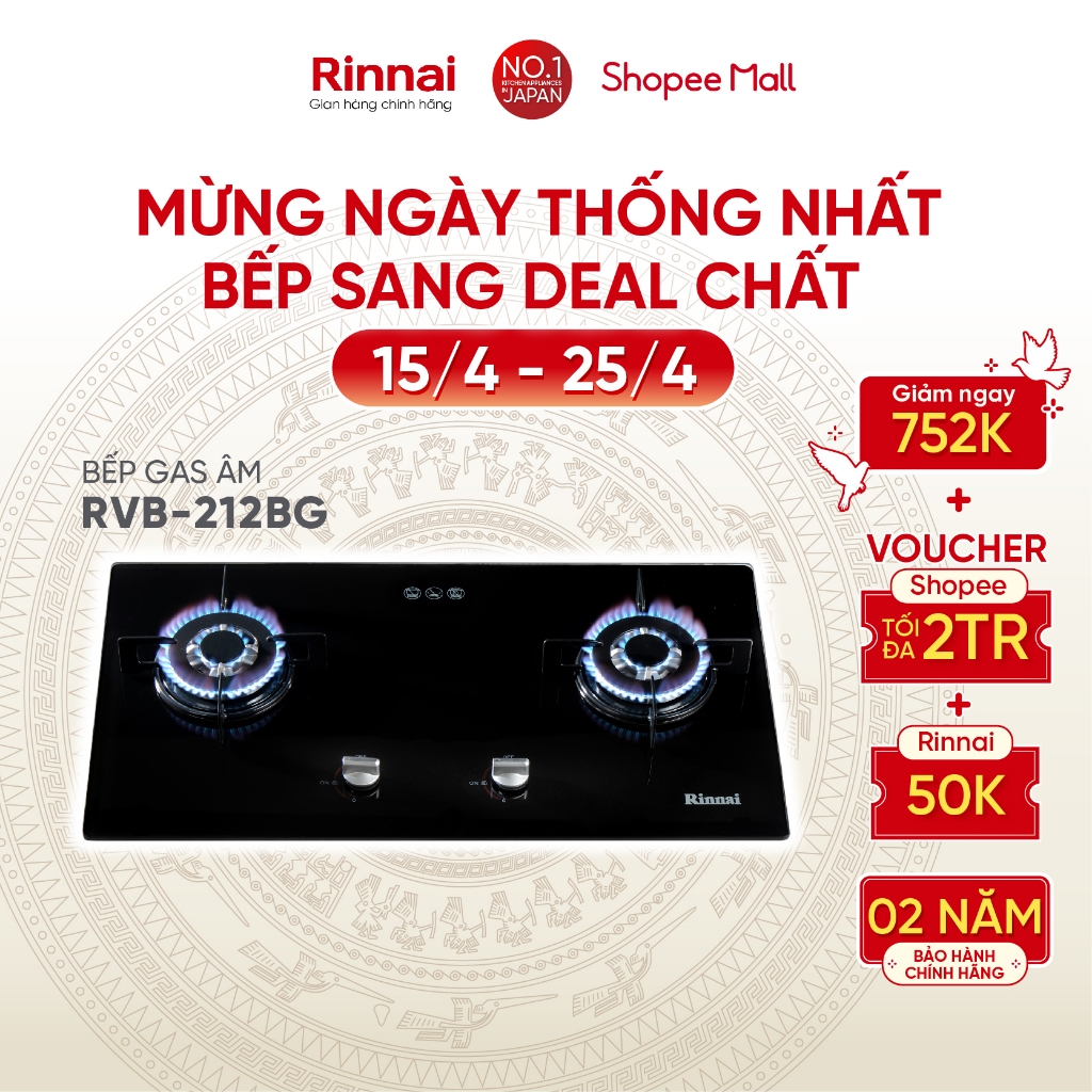 Bếp gas âm Rinnai Rinnai RVB-212BG mặt bếp kính và kiềng bếp men - Hàng chính hãng.