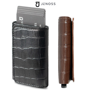 Ví Thông Minh Manda & Box Đựng Thẻ Tự Động, Da Bò Dập Vân Cá Sấu Gập Ba Mini Gắn Chính Hãng Jenoss