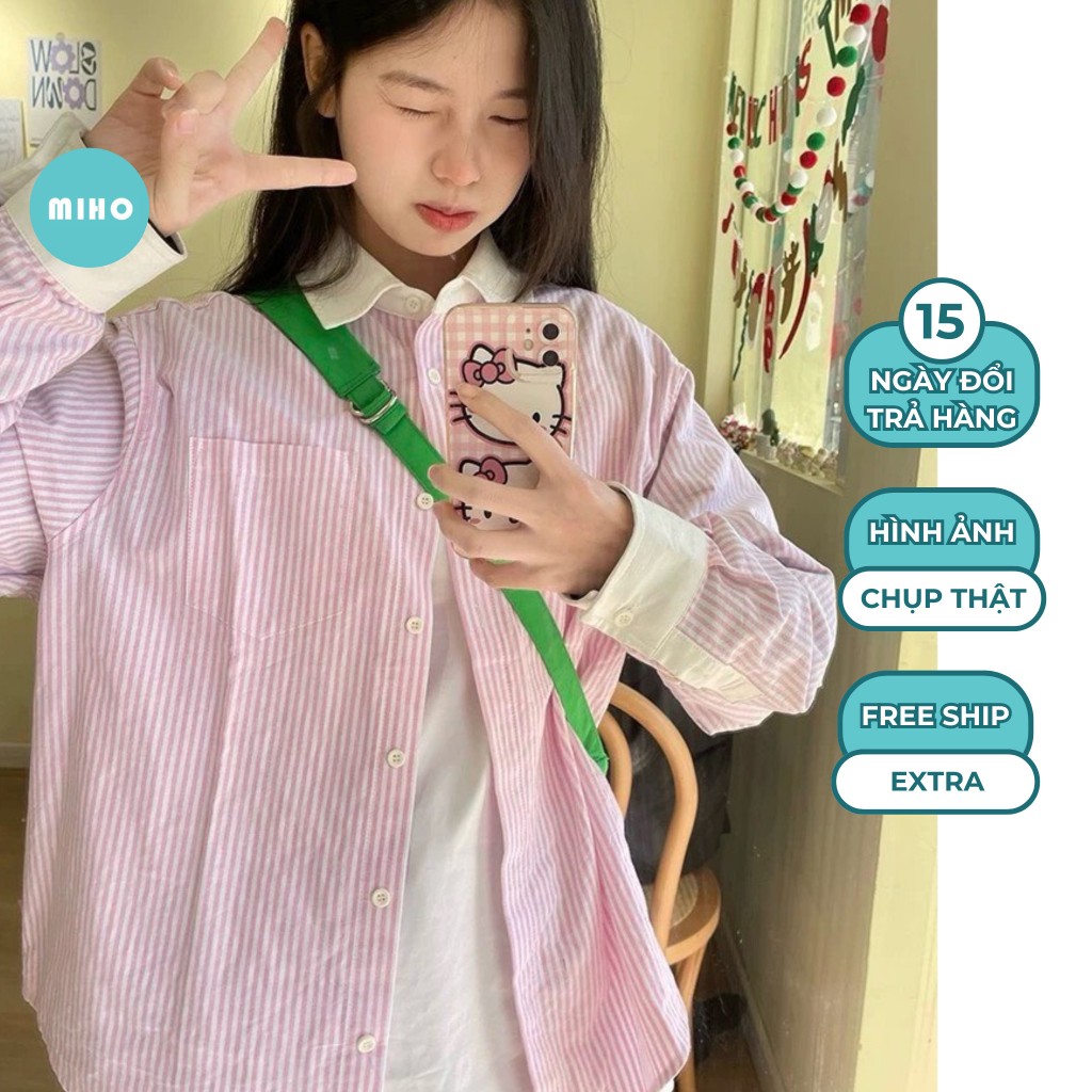 Áo Sơ Mi Kẻ Sọc Dài Tay Phối Cổ Trắng, Áo Sơmi Tay Phối Form Rộng Thoáng Mát, Somi Tiểu Thư Điệu Đà Miho House | BigBuy360 - bigbuy360.vn