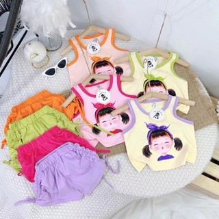 Bộ sát nách mùa hè hình bé gái dễ thương quần thắt dây nơ cho bé