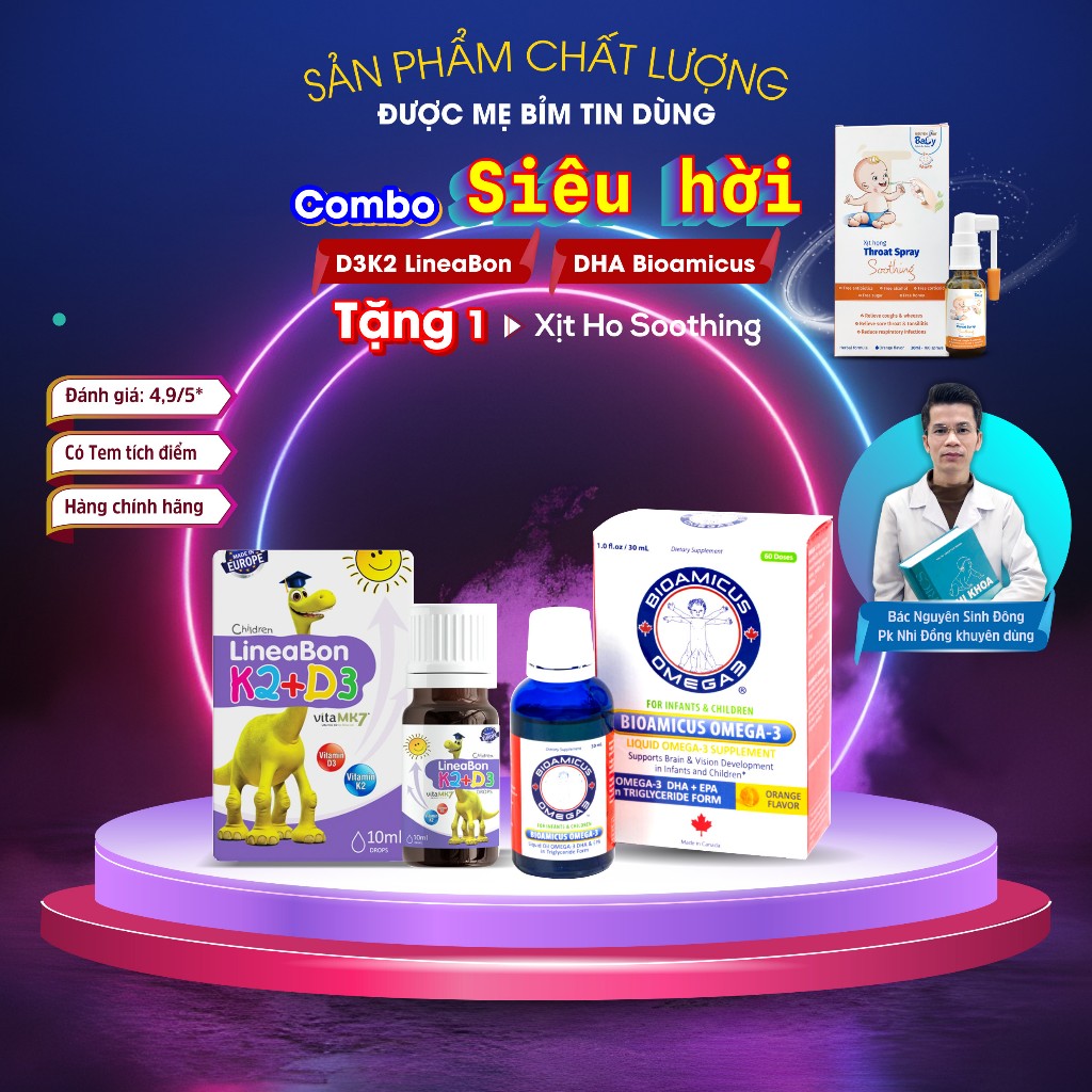 74 (giảm 25% từ shopee video) Lineabon D3k2Mk7+ DHA Bioamicus chính hãng, bổ sung D3, DHA, Omega cho bé, có tích điểm