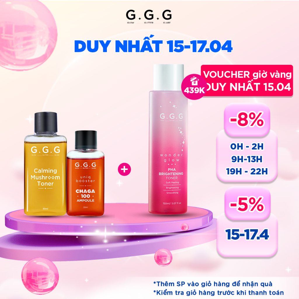 Bộ 2 Chăm Da Từ Nấm 80ml x 30ml - Làm dịu cấp ẩm phục hồi tức thì G.G.G Toner Nấm 80ml & Booster Chaga 30ml