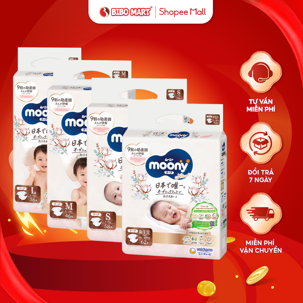 Tã Dán Moony Natural Trắng Bỉm Quần Moony Nhật Bản Cho Da Nhạy Cảm Của Trẻ Đủ Size (Bao Bì Ngẫu Nhiên) - Bibomart