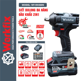 Máy siết bulong pin workfix wf-iw450n, động cơ không chổi than, lực siết 450nm, kèm 25 phụ kiện