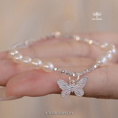 Lắc tay bạc nữ TLEE, vòng tay hồ điệp mix hạt vụn bạc xinh xắn TLEE JEWELRY LT0317
