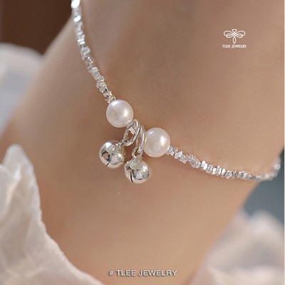 Lắc tay bạc nữ TLEE, vòng tay hạt vụn bạc mix charm chuông đôi xinh xắn TLEE JEWELRY LT0309