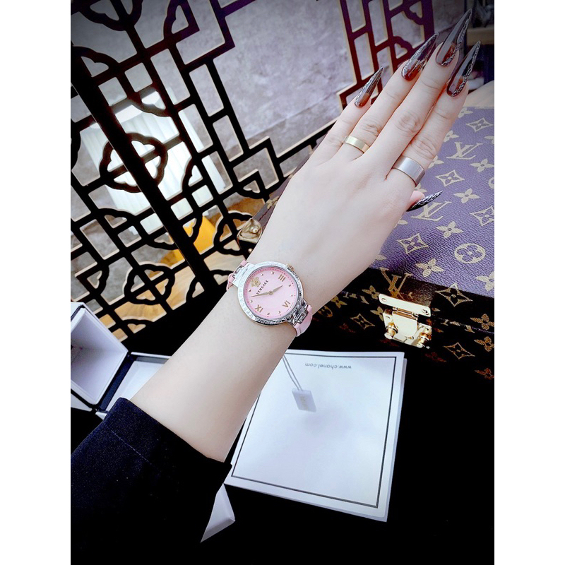 Đồng Hồ Nữ Versace Greca Mặt Tròn Siz 36mm  Kính Sapphiare Cực Hót Máy Thuỵ Quartz  Dây Da Hồng