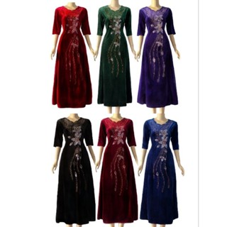 Đầm dạ hội trung niên dự tiệc sang trọng vải nhung cho mẹ, Đầm dự tiệc trung niên dáng dài sang trọng nhung cao cấp