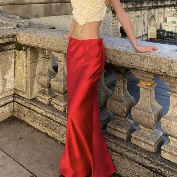 Zara chân váy maxi lụa đỏ Zara made in Morocco full tag