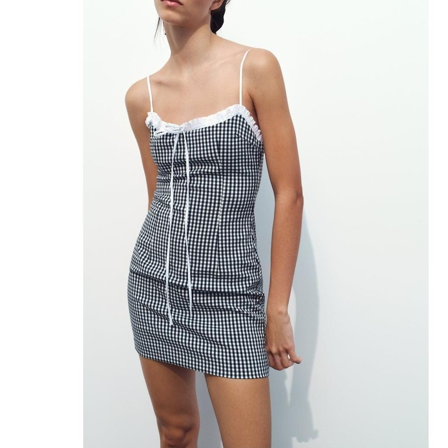 Zara đầm 2 dây caro ren Zara made in Morocco full tag