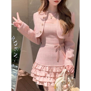 SET ĐẦM DẠ 2S TẦNG BÈO NƠ EO KÈM KHOÁC CROPTOP