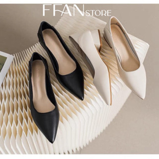 Giày nữ đế vuông mũi nhọn [da thật] mềm mại S600, cao gót bít mũi 3 phân big size màu đen be trắng FFAN STORE
