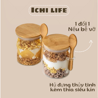  Hũ Thủy Tinh Kèm Thìa Gỗ Đựng Gia Vị Lọ Thủy Tinh Đựng Hạt Khô Yến Mạch Có Mút Cao Su Chống Ẩm - Ichi.life 