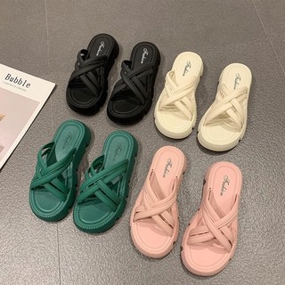 Dép lê nữ quai chéo đan dây cao su đế 3cm