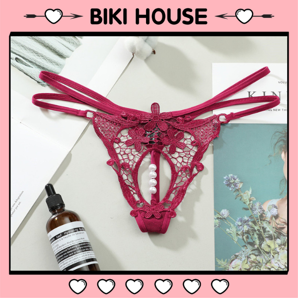 Quần lót đính hạt lọt khe sexy bonita phối hoa gợi cảm chip nữ dây lưng cao đen đỏ trắng quyến rũ BIKI HOUSE T308 - HCM