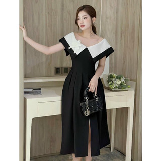 Đầm dự tiệc, váy đi dự tiệc bẹt vai đen phối trắng dáng A dài sang trọng thanh lịch dáng basic thiết kế thời trang LEVAN