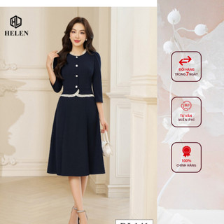 Đầm công sở HELEN thiết kế dáng xòe màu xanh than peplum cổ nhún trắng đính cúc ngực DL141