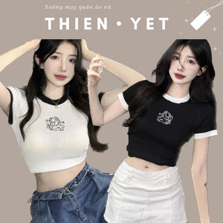 Áo thun croptop cổ tròn tay ngắn KÌ LÂN , áo thun gân phối viền thêu hình Thời Trang Cho Nữ-Thiên Yết