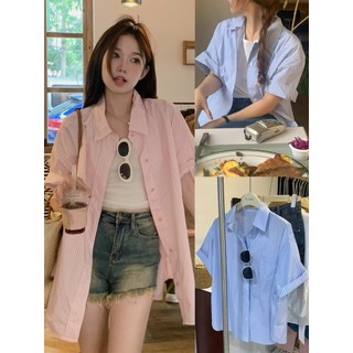 Áo sơ mi kẻ sọc kiểu dáng Hàn Quốc A257, Áo sơ mi kiểu ngắn tay màu pastel phom rộng