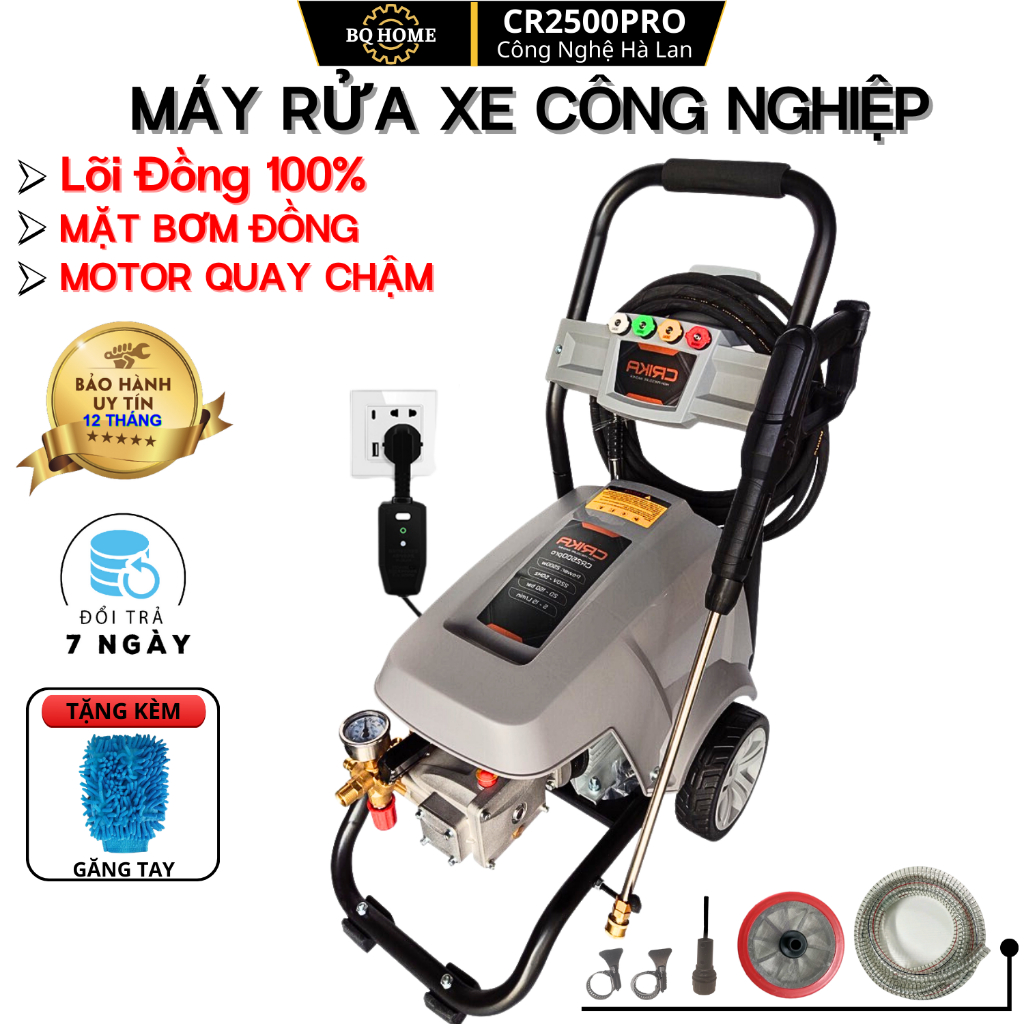 Máy rửa xe cao áp công nghiệp CRIKA2500pro,Motor quay chậm chuẩn lõi Đồng 100%,Piston sứ,xịt rửa ô tô xe bồn,công nghiệp