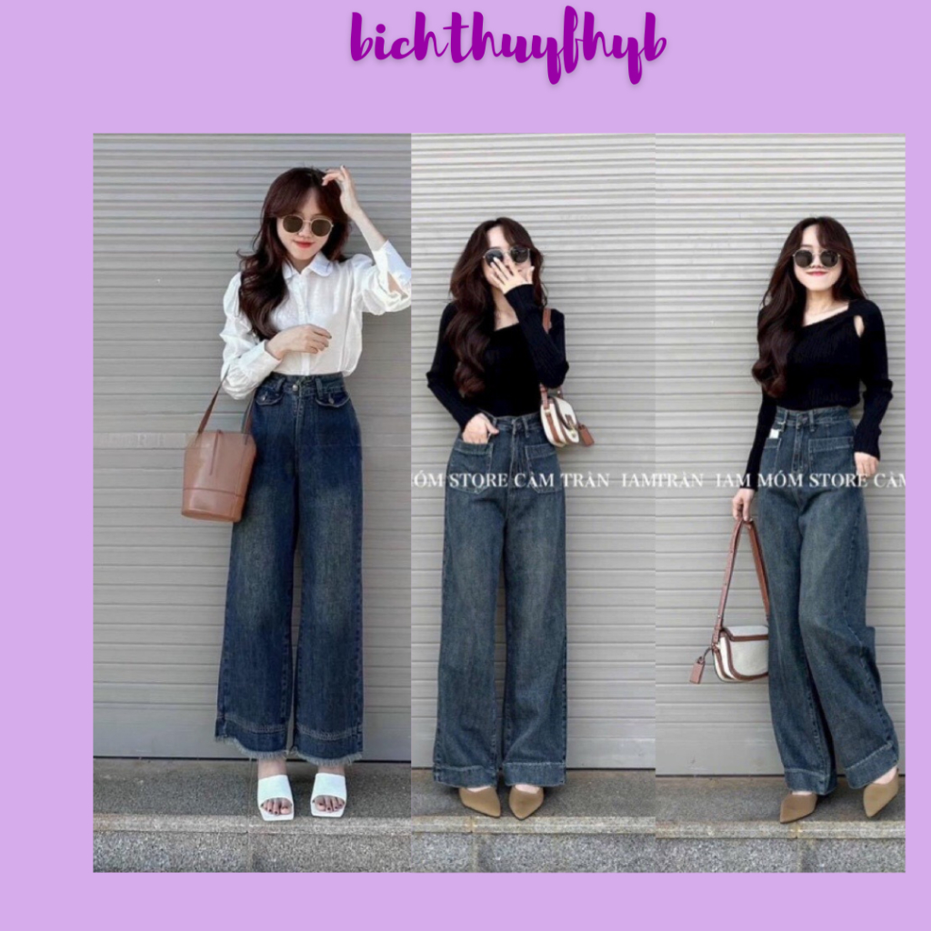Quần Jean Bò Baggy Ống Suông Rộng Xuông Túi Trước Nữ Gấu To Jeans Cạp Cao Ống Đứng Hot 2024 Denim Ống Rộng Nữ Màu Xanh