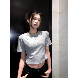 Áo phông balen đính đá cổ tròn cộc tay
