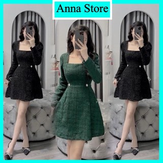 Váy dạ nữ thiết kế dự tiệc đầm dạ  xếp ly xoè dáng ngắn mùa đông dài tay ngắn tay M