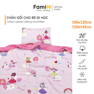 Chăn gối cho bé gái đi học mầm non tiểu học FamiHi cao cấp, mền trẻ em hình Pony Hello Kitty 100% cotton sateen tự nhiên
