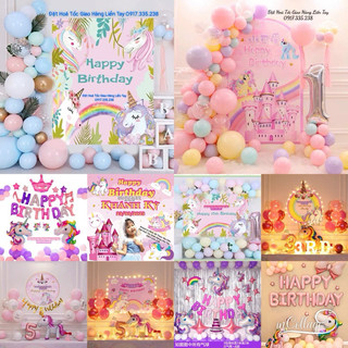 Set Bóng Unicorn ngựa Pony kèm Backdrop Thiết Kế Tên Có Thể Đổi Màu Ngựa Theo yêu thích Tặng Bơm Và keo