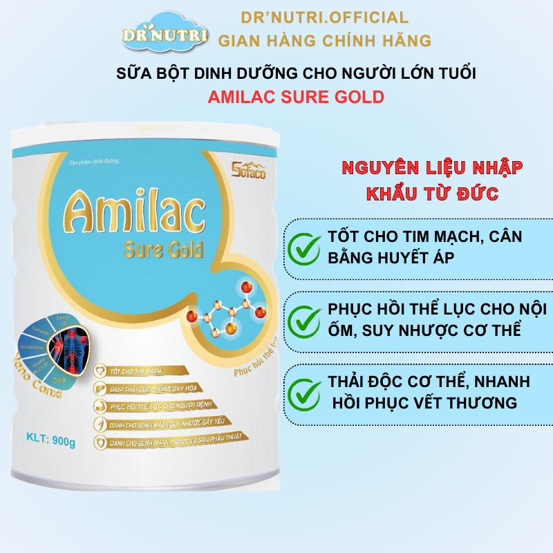 Sữa bột dinh dưỡng cho người lớn tuổi Amilac Sure Gold giúp thải độc phục hồi cơ thể gầy yếu