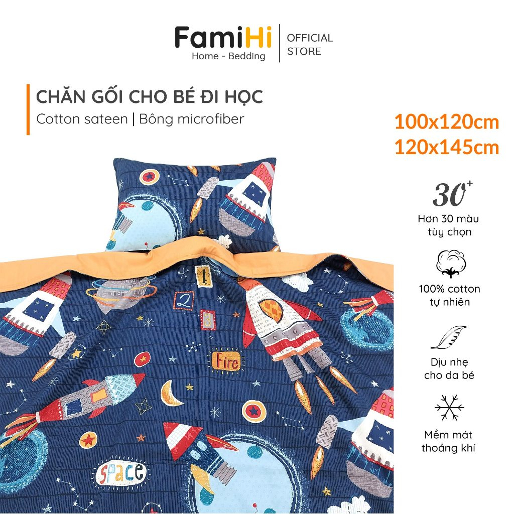 Chăn gối cho bé trai đi học mầm non tiểu học FamiHi cao cấp, mền trẻ em cotton sateen 100% sợi tự nhiên.