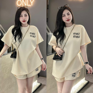 Bộ cotton nữ miu miu thêu logo dáng rộng chất cotton khô - bộ quần đùi nữ miu miu phong cách hot trend 2024