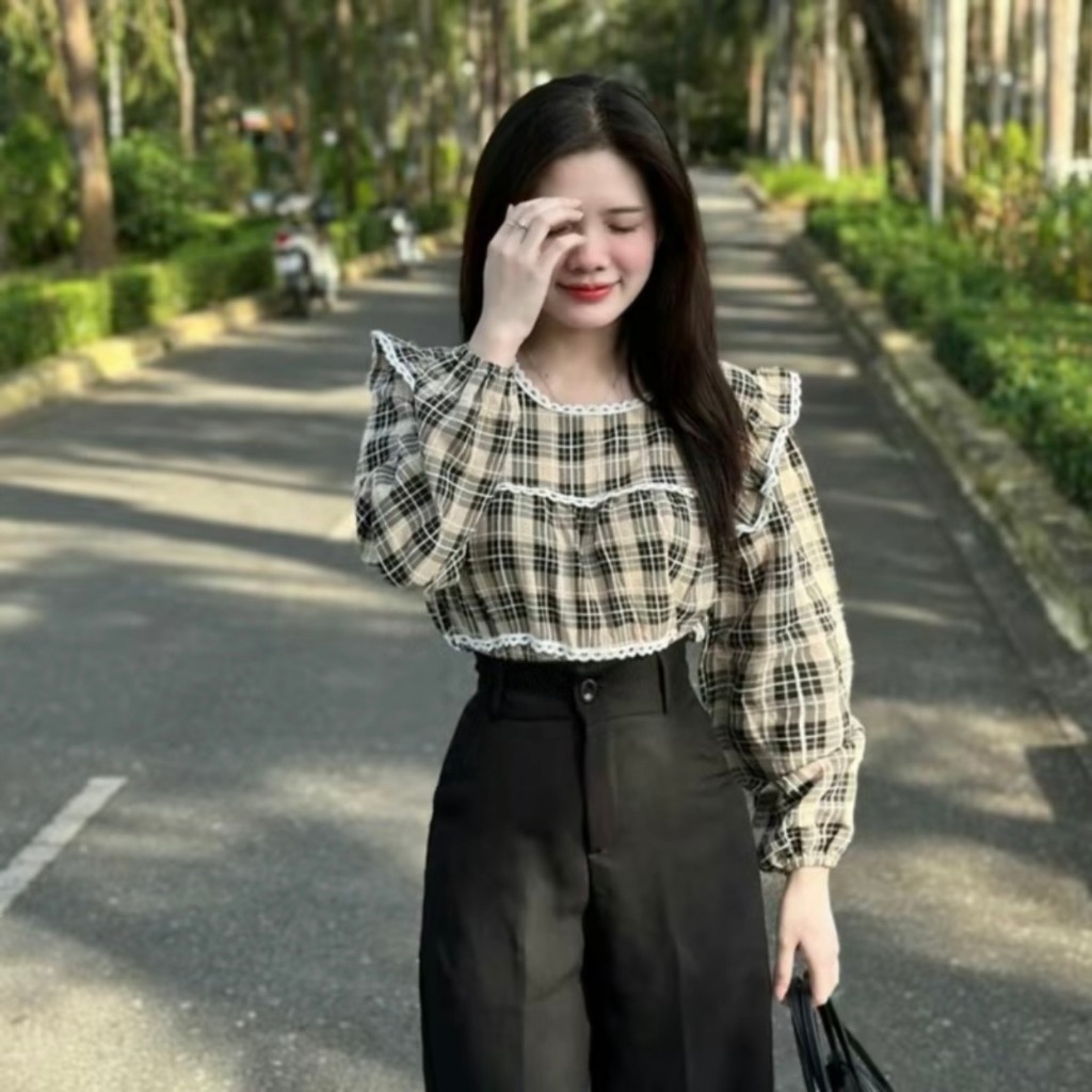 Áo babydoll tay dài , áo kiểu nữ cổ bèo phối tầng , áo sơ mi bèo xinh